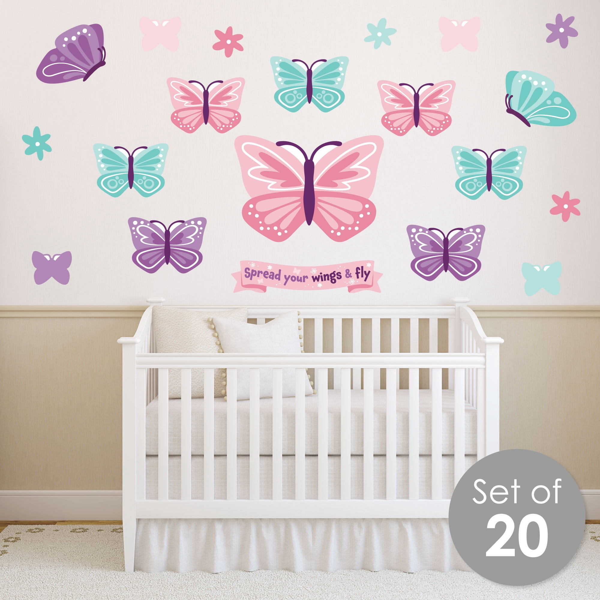 Big Dot of Happiness Beautiful Butterfly - Peel and Stick Nursery And Kids Room Vinyl Wall Art Stickers - Wall Decals - Set of 20