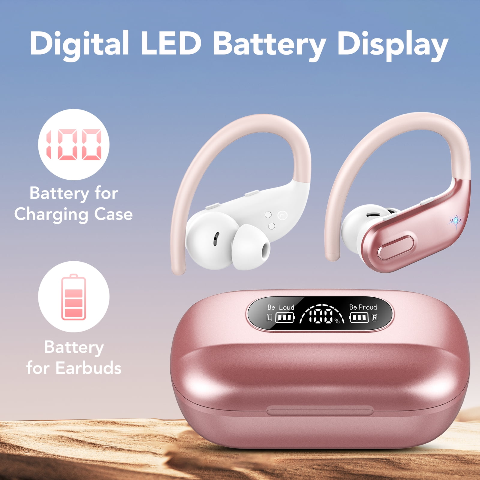 Wireless Earbuds, Bluetooth 5.3 Sport Headphones with Earhooks, 80Hrs Playtime, 3D HiFi Stereo, Noise Cancelling Mic, IP7 Waterproof Workout Earphones for Running Gym, iOS/Android, Rose Pink