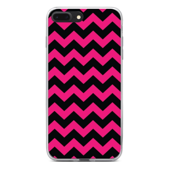 DistinctInk Clear Shockproof Hybrid Case for iPhone 7 PLUS / 8 PLUS (5.5" Screen) - TPU Bumper, Acrylic Back, Tempered Glass Screen Protector - Black Hot Pink Chevron Stripes - Chevron Stripes Pattern