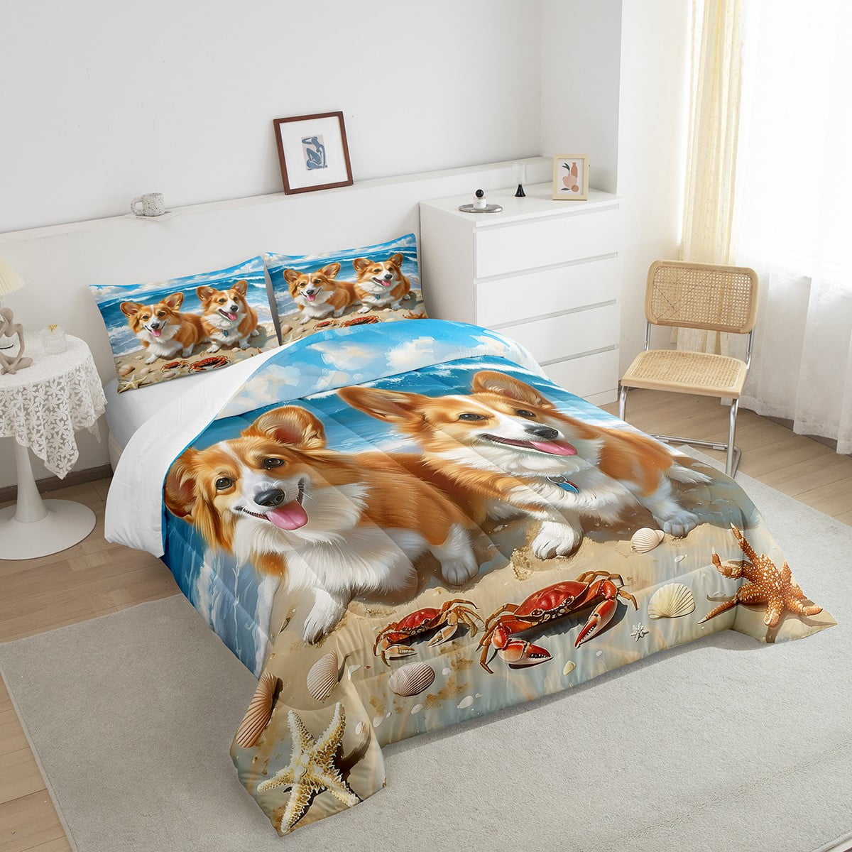 Erosebridal King Size 3D Corgi Dog Bed Sheet Set - 4 Piece Microfiber Ocean Theme Kids Bedding