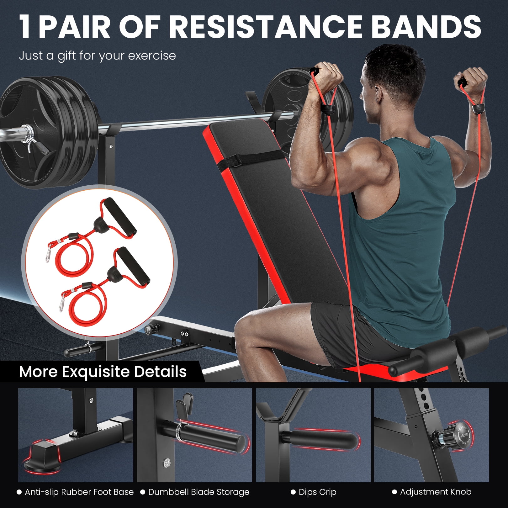 VIBESPARK Foldable Workout Bench, Adjustable Weight Bench Set with Barbell Rack Removable Foot Catch for Incline Flat Decline Sit up Bench Press Set for Full Body Exercise
