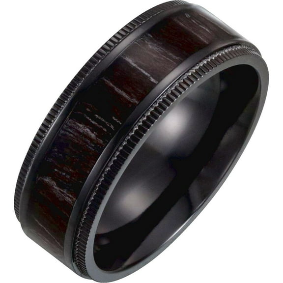 Black Titanium Polished disk-edge Comfort-fit Band With Oak Wood Inlay Size 8.5 Ring for Women and Men