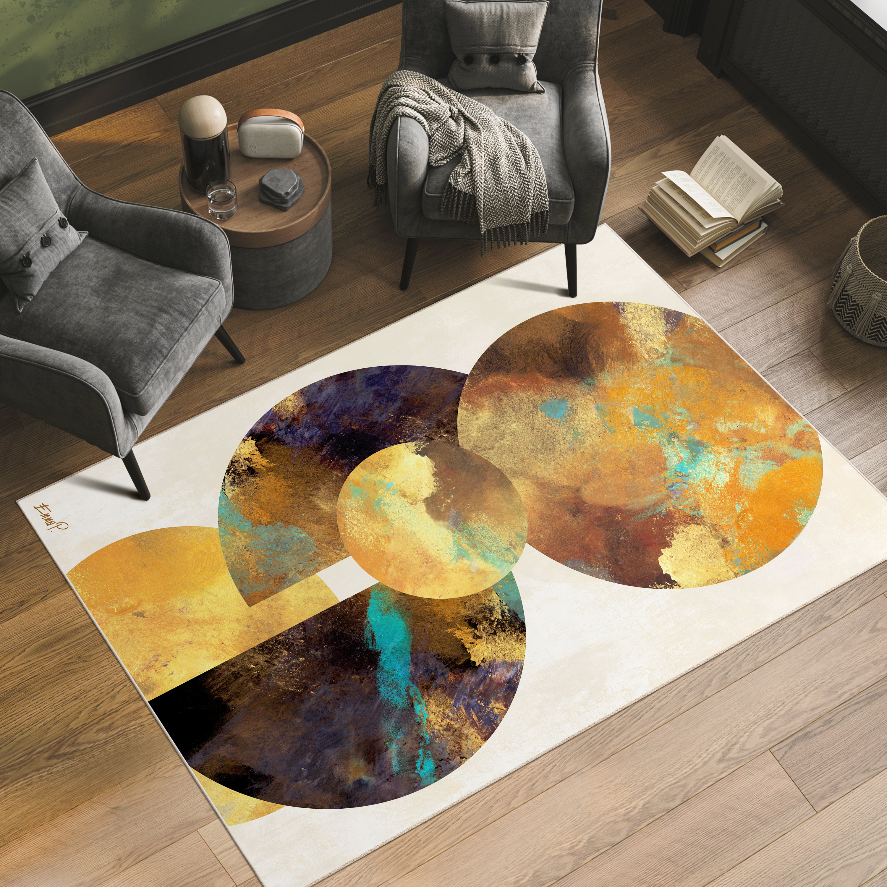 Patina Plates I Washable Geometric Art Area Rug size 5'x8'
