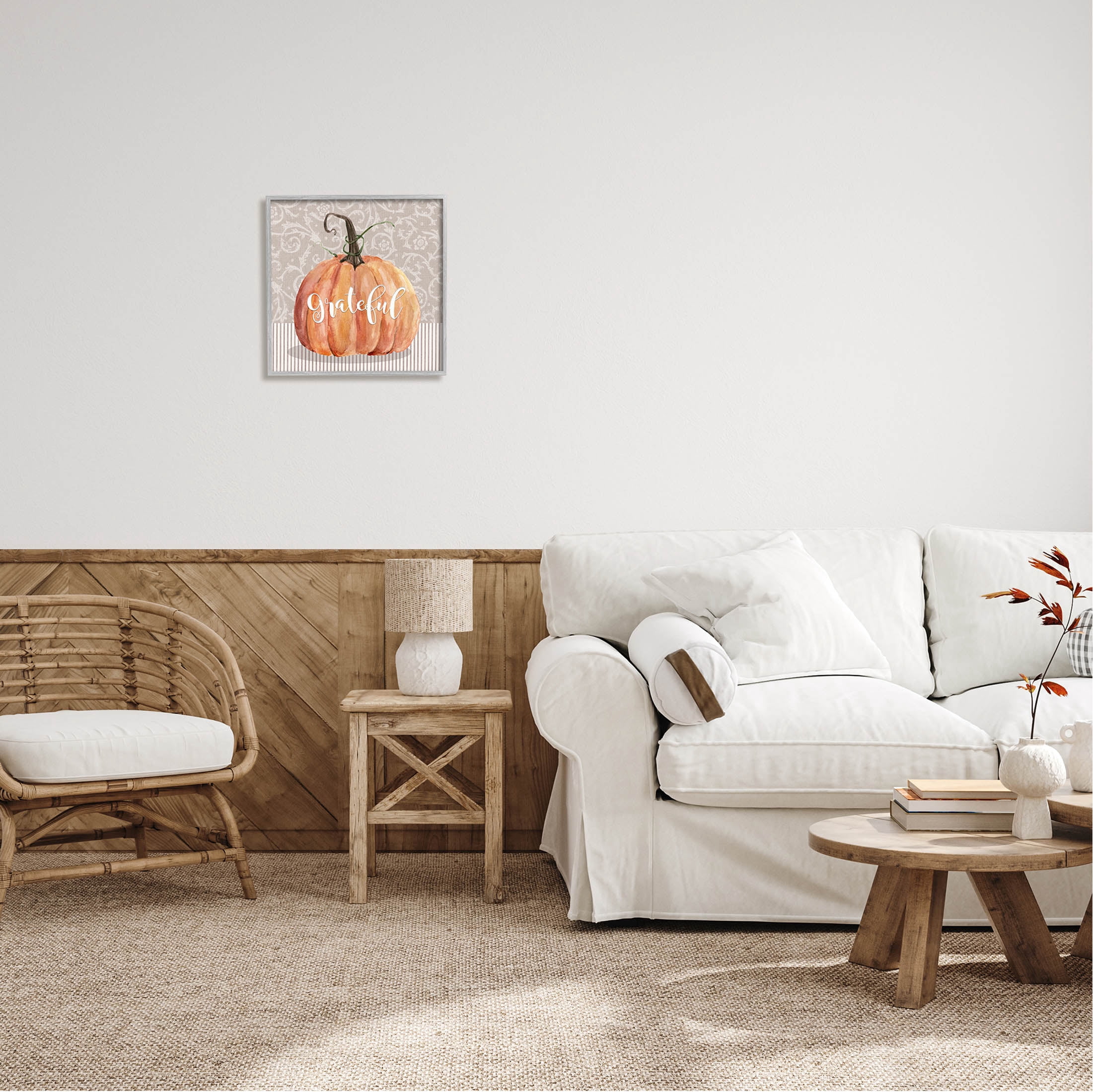 Stupell Industries Grateful Autumnal Pattern Pumpkin Graphic Art Gray Framed Art Print Wall Art, Design by Livi Finn