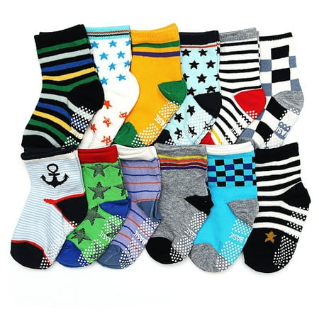 ShoppeWatch 12 Pairs Baby Toddler Socks with Grips Anti-Slip Non-Skid Grippers For Kids Infant Babies Boys 2T and 3T Walkers 12-24 and up to 36