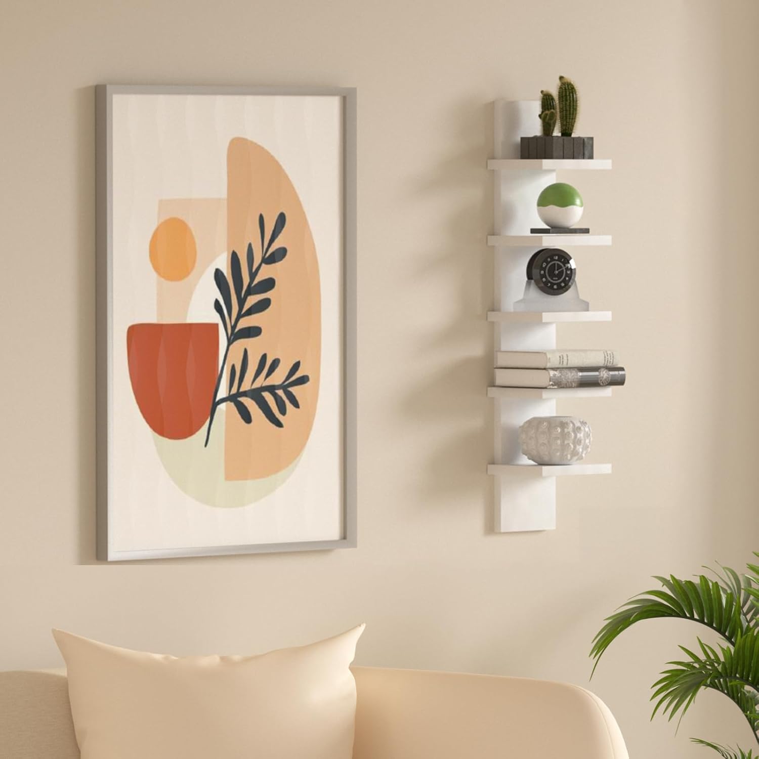 5 Tier Wall Shelves - White Vertical Book Shelf for Wall Storage, Modern Floating Shelves for Bedroom Living Room Vanity