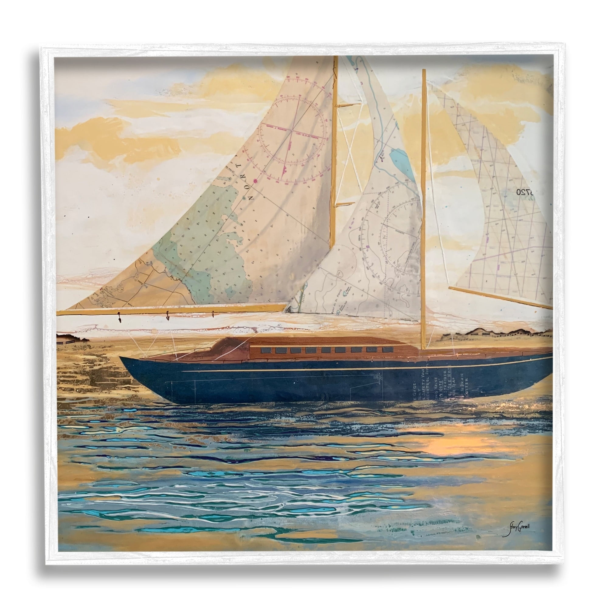 Stupell Industries Nautical Watercraft Boat Layered Map Ephemera Collage Painting White Framed Art Print Wall Art, Design by Stacy Gresell