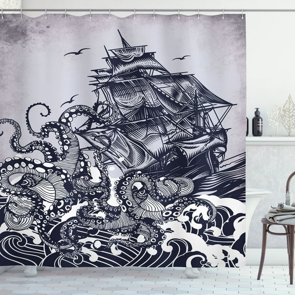 Ambesonne Nautical Shower Curtain, Octopus and Ship in Storm, 69"Wx70"L, Indigo Purpleblue