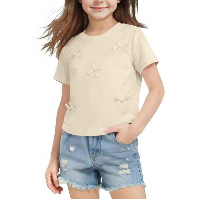 hengsof T-Shirt à Manches Courtes pour Filles avec Nœud Doux, Couleur Unie, Col Rond, Décontracté, Adapté aux Enfants de 1 à 10 Ans, Doux, Respirant et Confortable