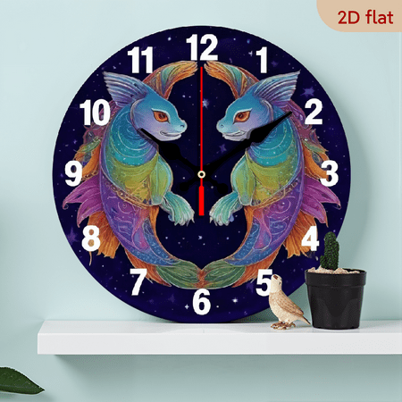 A 10-inch 2D flat Colorful Pisces theme wooden circular wall clock, suitable for decoration in bedrooms, living rooms and offices. It is an ideal gift for Christmas and New Year.