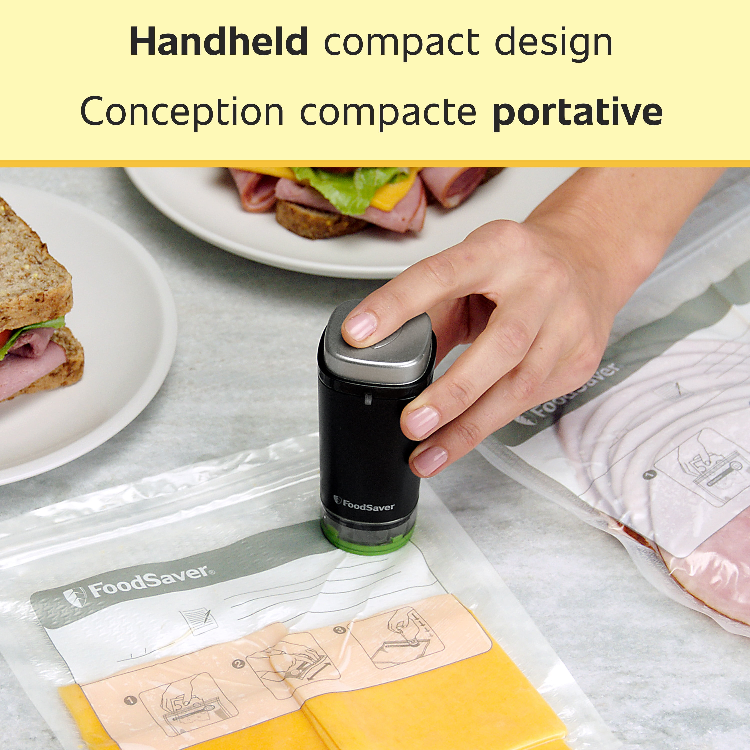 Scelleuse sous vide portative pour aliments sans fil FoodSaver V1100 et deux sacs à glissière de 946 ml (1 pinte)