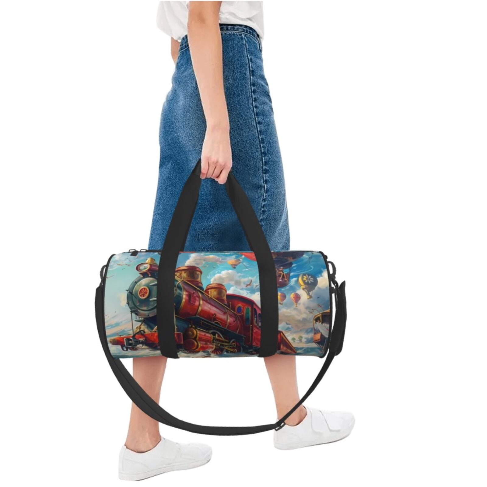 Vsdgher Beautiful Red Train Hot Air Balloon 45L Foldable Duffel Bag, Sports Gym Bag,Overnight Bag, Portable Weekender Bag for Airplanes