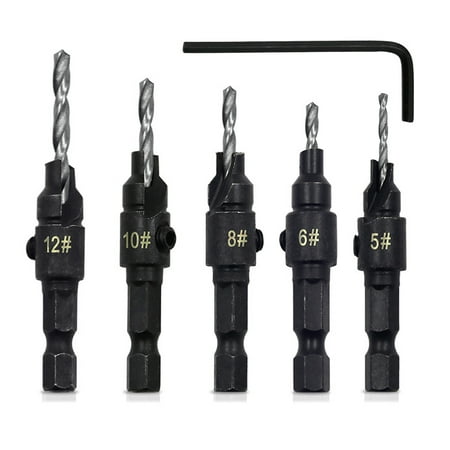 

TOPOINT 5Pcs 5 Flutes Carpentry Countersink Drill Bit Set 1/4 Hexagonal Shank HSS
