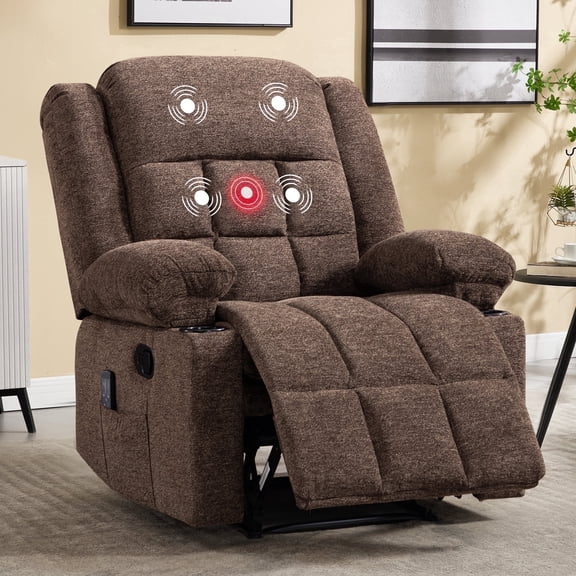 Ebello Manual Recliner Chair with Massage and Heat, Fabric Recliner with Cup Holders & Storage Pockets, Breathable Comfortable Lounger for Living Room, Brown