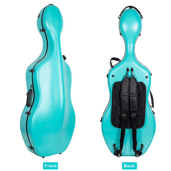 Crossrock Poly Carbon Case with Wheels fits 4/4 Full Size Cello, Includes Outside Music Pouch, 3 Handles, Detachable Straps-Mint Blue
