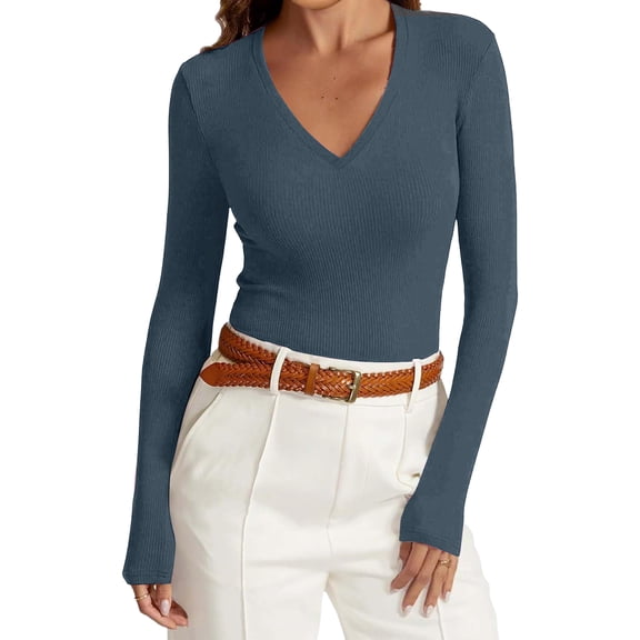 V Neck Underwear Tops for Women Long Sleeve Basic Thermal Ribbed Knit Tops Lightweight Slim Warm Underscrubs Layer Tee Blue XL