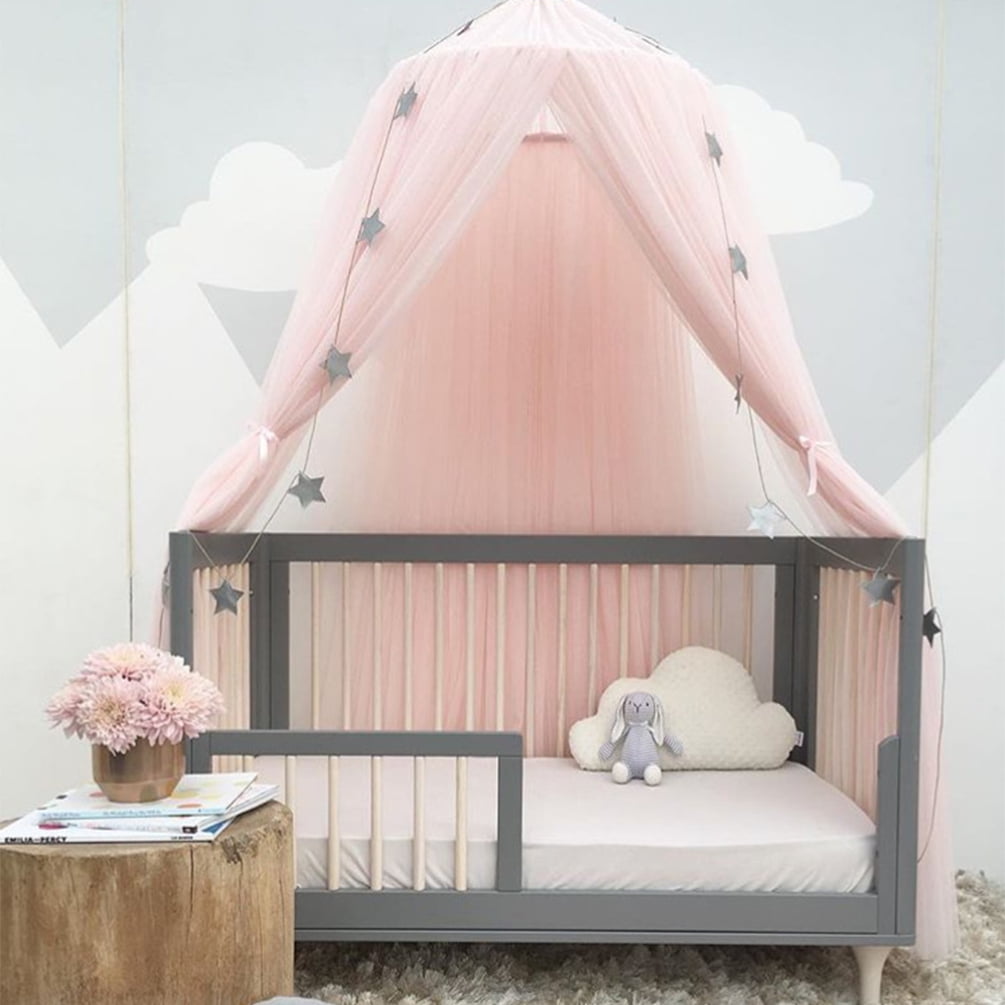 Gray Chiffon Kid's Bed Canopy Round Princess Beds Curtains Drape 