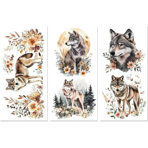 Rub on Transfer Decals for Furniture Crafts Decor Wolf with Flowers and Moon 6"x12" 3Pcs Waterproof UV DTF Transfer Sticker