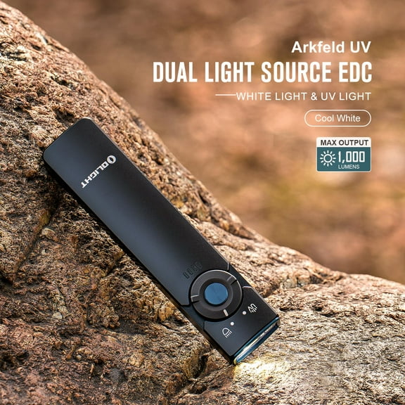 OLIGHT Arkfeld UV Rechargeable EDC Flashlight, 1000 Lumens White LED and 365nm Blacklight Combo for Outdoors, Emergency, Working, Pet Urine Detection (Black)