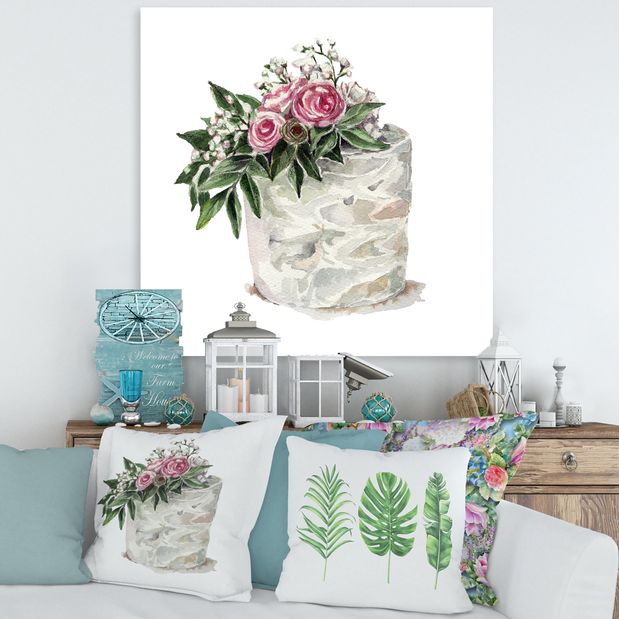 White Flowers and Pink Roses On Cake 16 in x 16 in Painting Canvas Art Print, by Designart