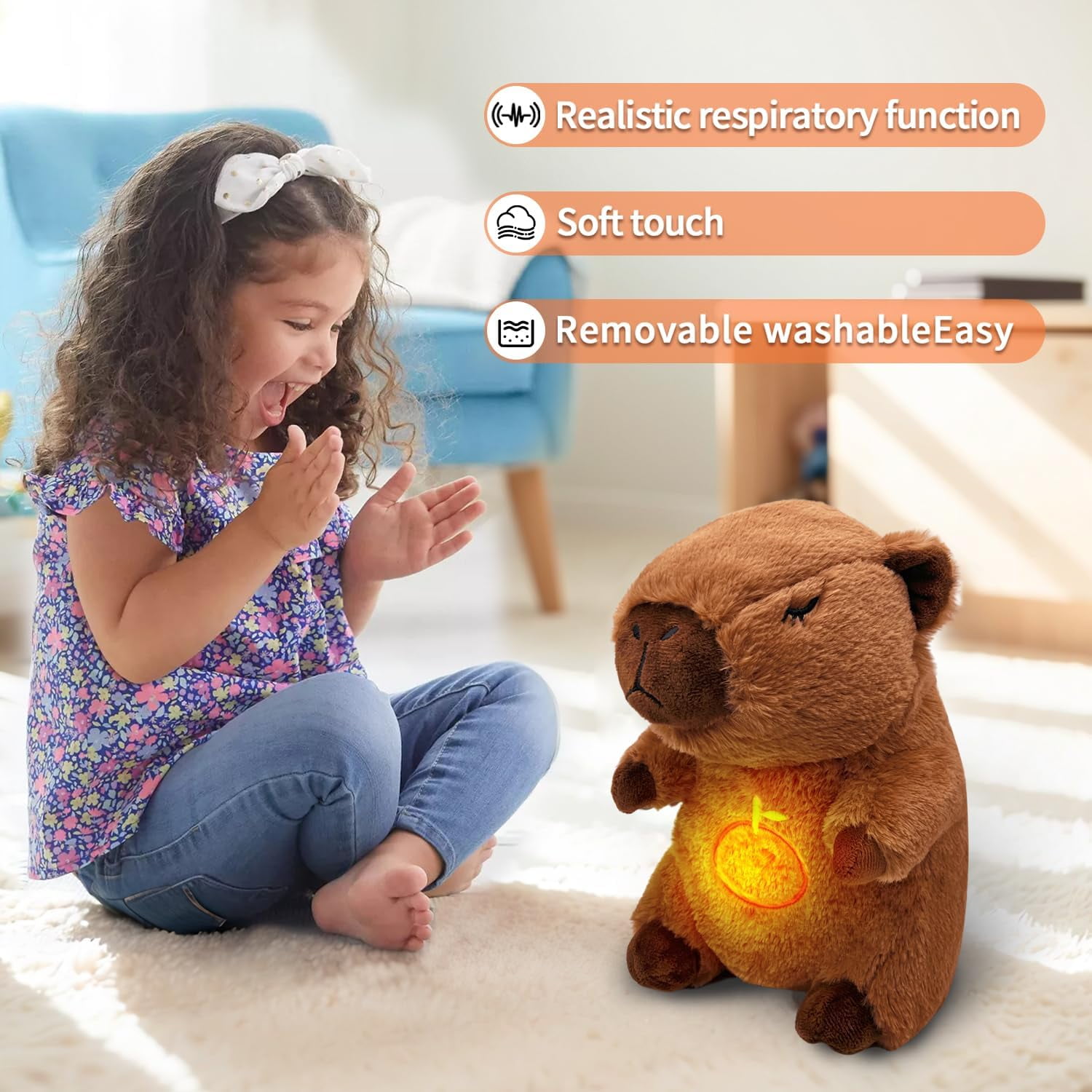YSZZYSM Capybara Breathing Stuffed Animal, Anxiety Relief, Soothing Music Lights, Portable, Uses three AAA batteries (batteries to be provided by the user)