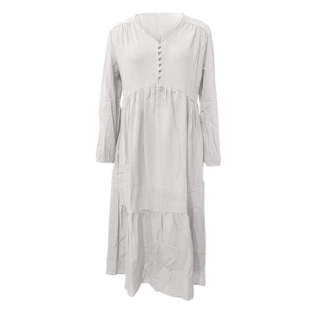 Sexy Dance Robe Longue pour Femmes, Décor de Boutons, Robes Maxi, Col en V, Plissée, Manches Longues, Gris Pâle, S
