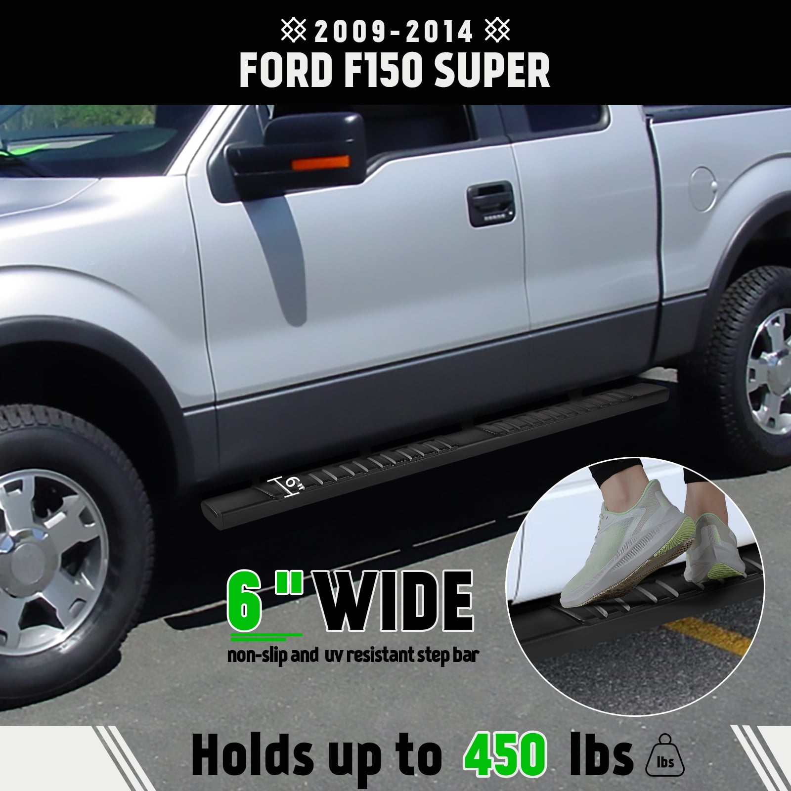 TPA 6" Running Boards Side Step Nerf Bar Fit for 2009-2014 Ford F150 Super Cab 6 inch Black Aluminum Alloy