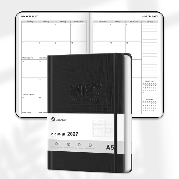 Lonely Oak 2027 Planner 12 Months from Jan.2027 to Dec.2027 5.75" x 8.4", A5 Leather Daily Weekly and Monthly Calendar Agenda(Black)