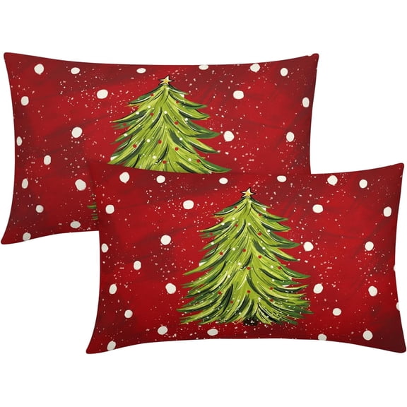 Red Christmas Lumbar Pillow Covers 12X20 In Set of 2 Green Xmas Watercolor Tree Rectangular Pillow Cases Winter Holiday Pillowcase Cotton Linen Cushion Case Rustic Home Decor For Couch Porch Outdoor