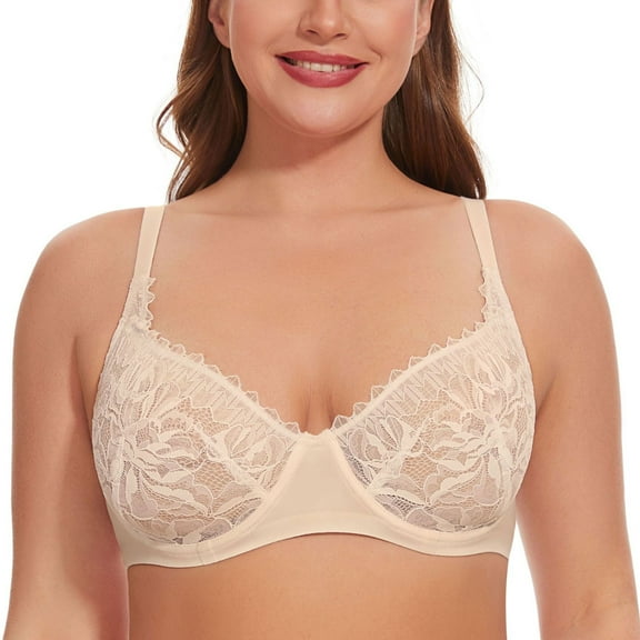 YANDW Women Minimizer Mesh Unlined Bras Plus Size Sexy Lace Full Coverage Bra Underwire No Padded, Beige 38D