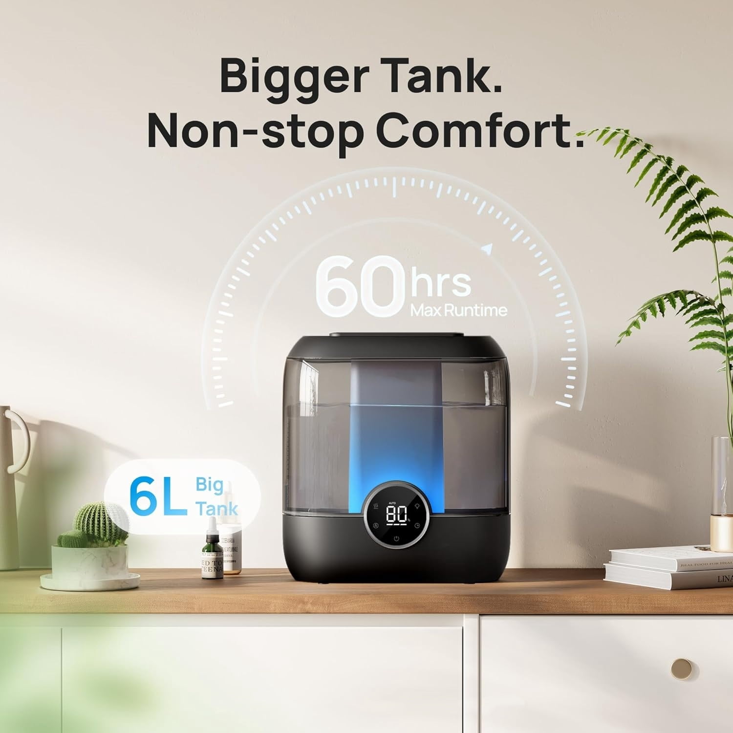6L Top Fill Humidifiers for Bedroom, 60H Runtime 28 dB Quiet Supersized Cool Mist Air Humidifiers for Large Room, Baby Nursery, Plant, Indoor, Night Light, Easy to Clean, Precise Humidity Control