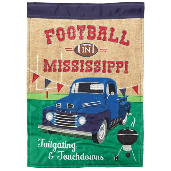 Magnolia Gardens M011614 13 x 18 in. Football In Ms Navy & Red Burlap Garden Flag