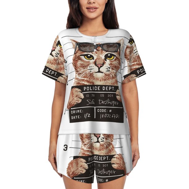 Balery Cat Holding Mugshot Sign Conjunto de Pijama para Mujer con Estampado, Dos Piezas de Manga Corta y Shorts, Ropa de Dormir Suave con Cuello Redondo y Bolsillos-XX-Large