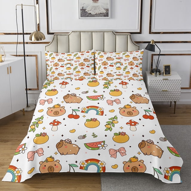 Erosebridal Cartoon Wildlife Coverlet Set Queen, Funny Capybara Bedding Set, Rainbow Fruit Decor