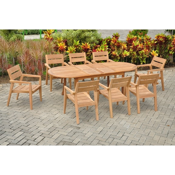 9 PC A Grade Outdoor Patio Teak Dining Set - 94" Double Extension Oval Table & 8 Cellore Stacking Arm Chairs