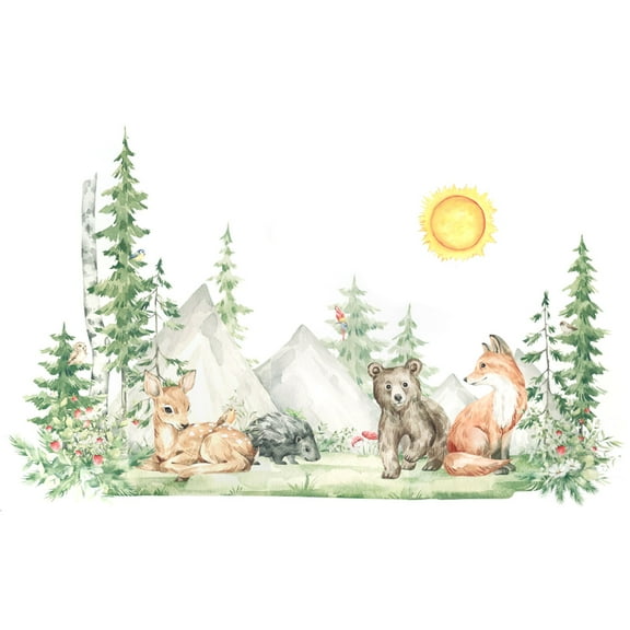 3 Sheet of Forest Tree Wall Decal Woodland Deer Bear Fox Birds Wall Stickers 3D DIY Peel and Stick Jungle Wild Animal Pine Wall Decor for Kids Boys Bedroom Playroom Living Room Classroom Decoration