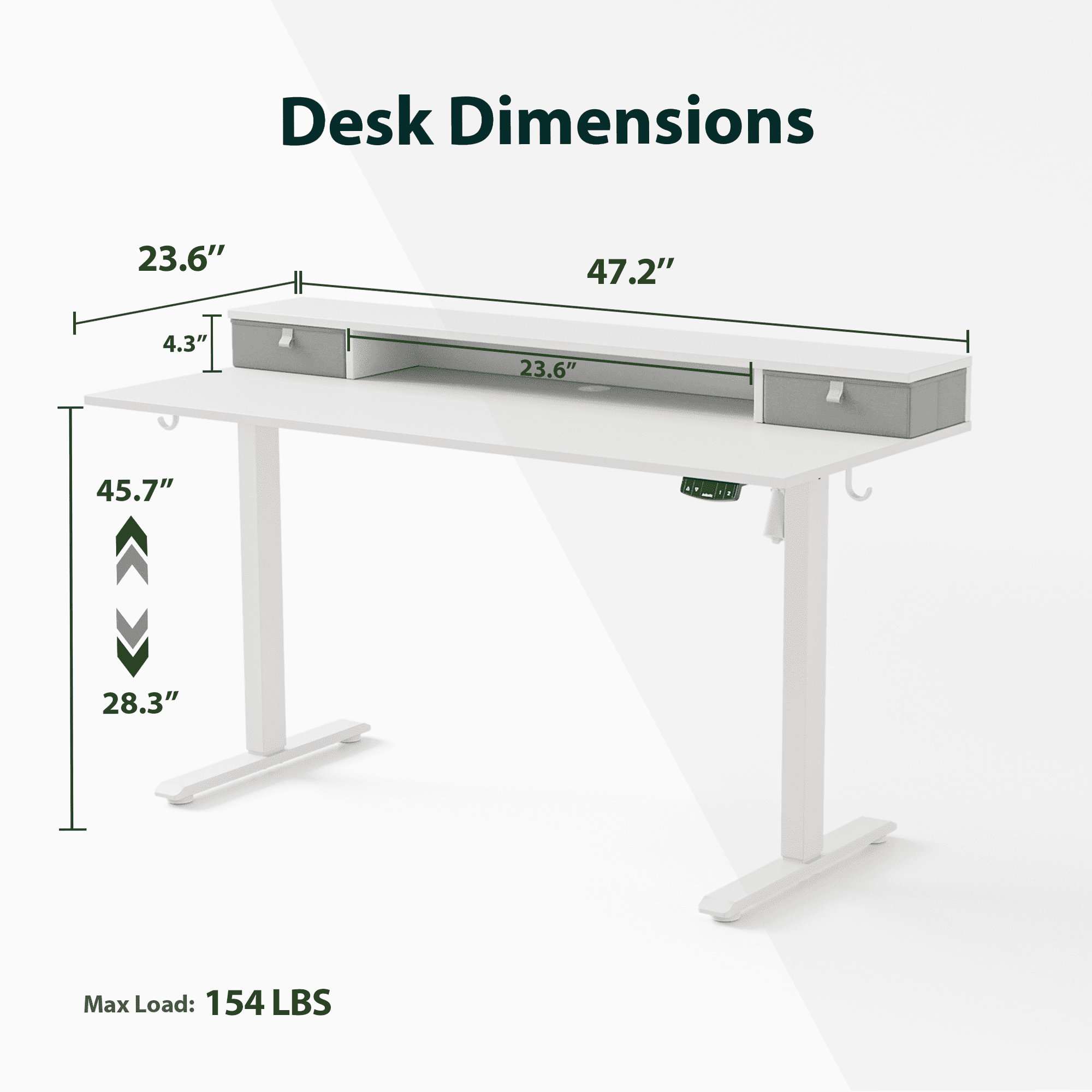 47.2 Inch Electric Standing Desk with 2 Drawers, Height Adjustable Desk with 2 Memory Keys, Ergonomic Sit-Stand Computer Desk with Hooks for Home Office, White