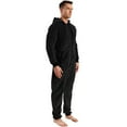 thumbnail image 4 of Men's Fuzzy Fleece Hooded Onesie Pajamas Loose Thick Thermal Baggy Adult Warm Full Zipper Long Sleeve Long Pants Sleepwear Lounge Fall Winter One Piece Pjs Zip Up Jumpsuit Black X-Large, 4 of 5