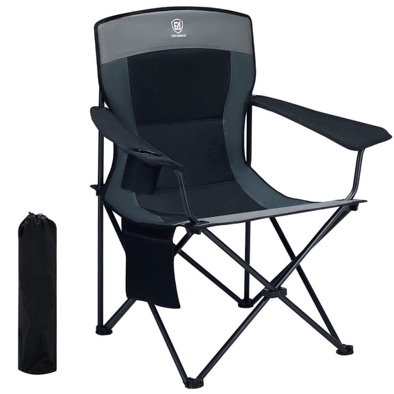 EVER ADVANCED Oversized Camping Chairs Heavy Duty Padded Folding Lawn Chair with Cup Holder，Support 350 lbs for Adults Outdoor Fishing Sports Black