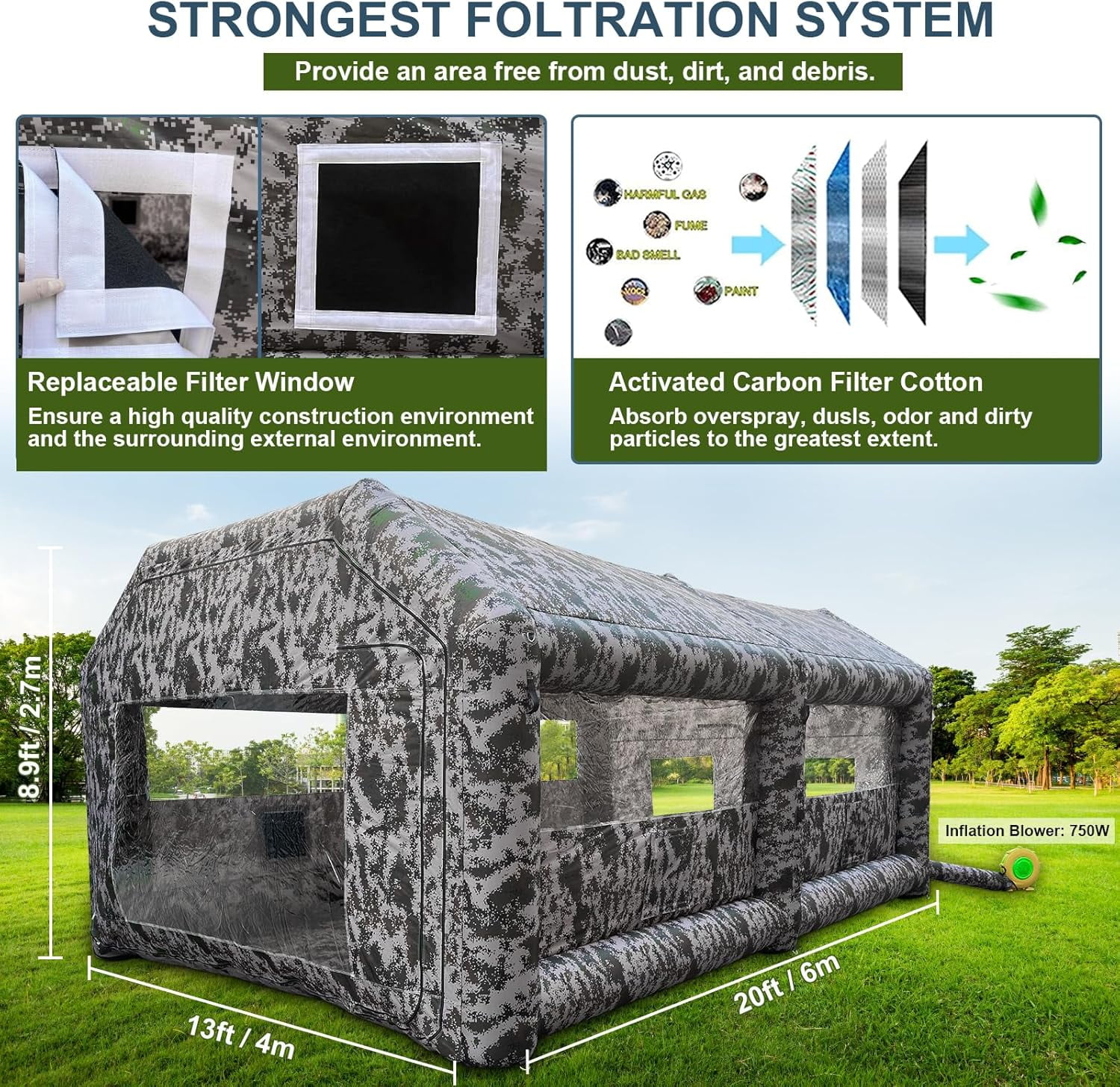 Inflatable Paint Booth 20x13x9FT Large Inflatable Spray Booth Tent with Air Filter System Air Blower for DIY Spray Car Parts Painting Workstation Motorcycle Garage