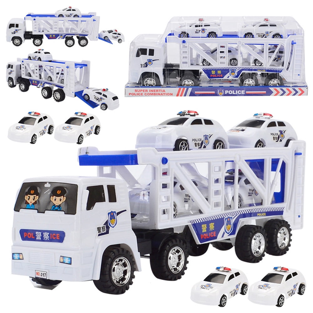 Large Double Deck Trailer With 4 Mini Police Cars To Transport Big Truck Toys Diecast Vehicles Cars Trucks Vans Large Double Deck Trailer With 4 Mini Police Cars To Transport Big Truck Toys Diecast Vehicles Cars Trucks Vans