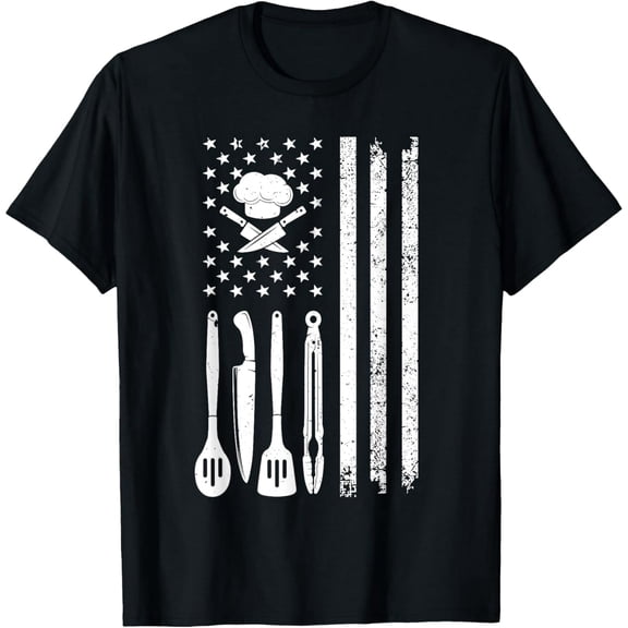 Distressed Chef Utensil American Flag Graphic 100% Cotton T-Shirt for Cooks