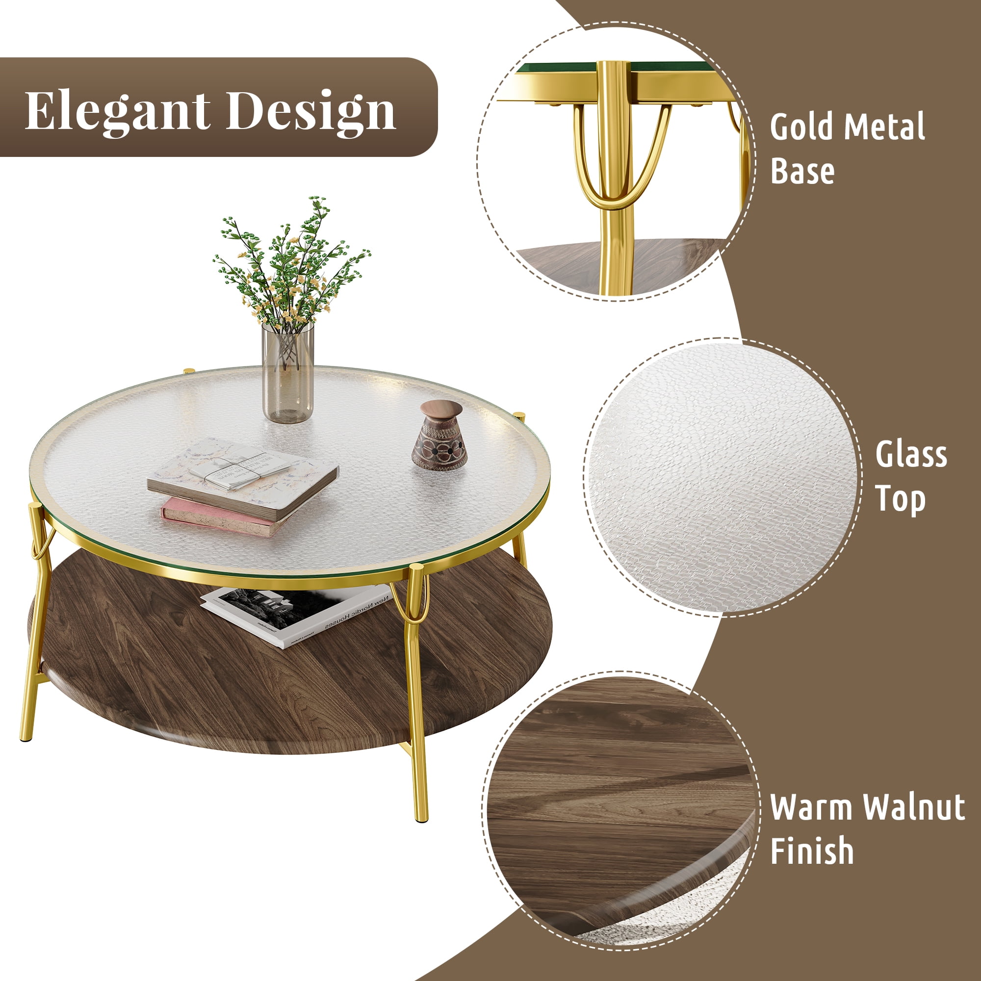 TesNus Modern Round 2-Tier Coffee Table with Glass Top, 29.9" Walnut Accent Table with Gold Metal Base for Living Room