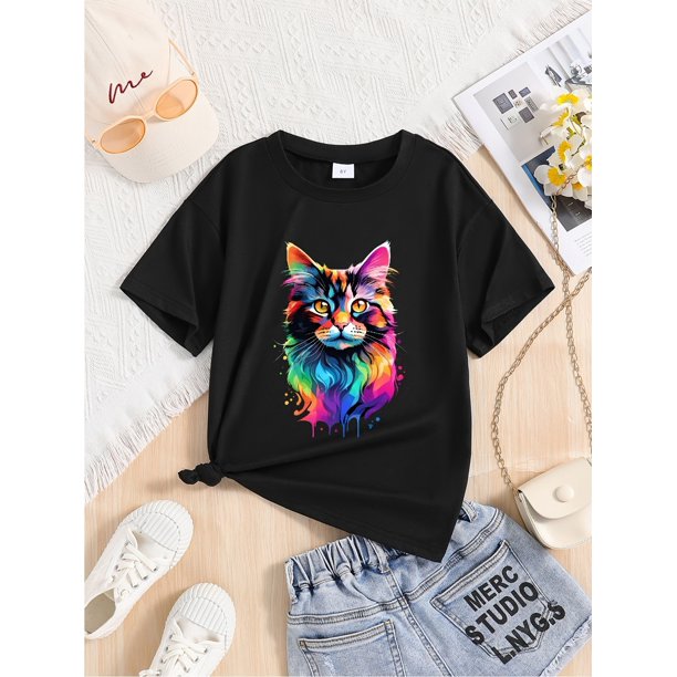 Summer T-Shirts for, Featuring Colorful Kittens, Regular Casual Style, Available in Multiple Colors.