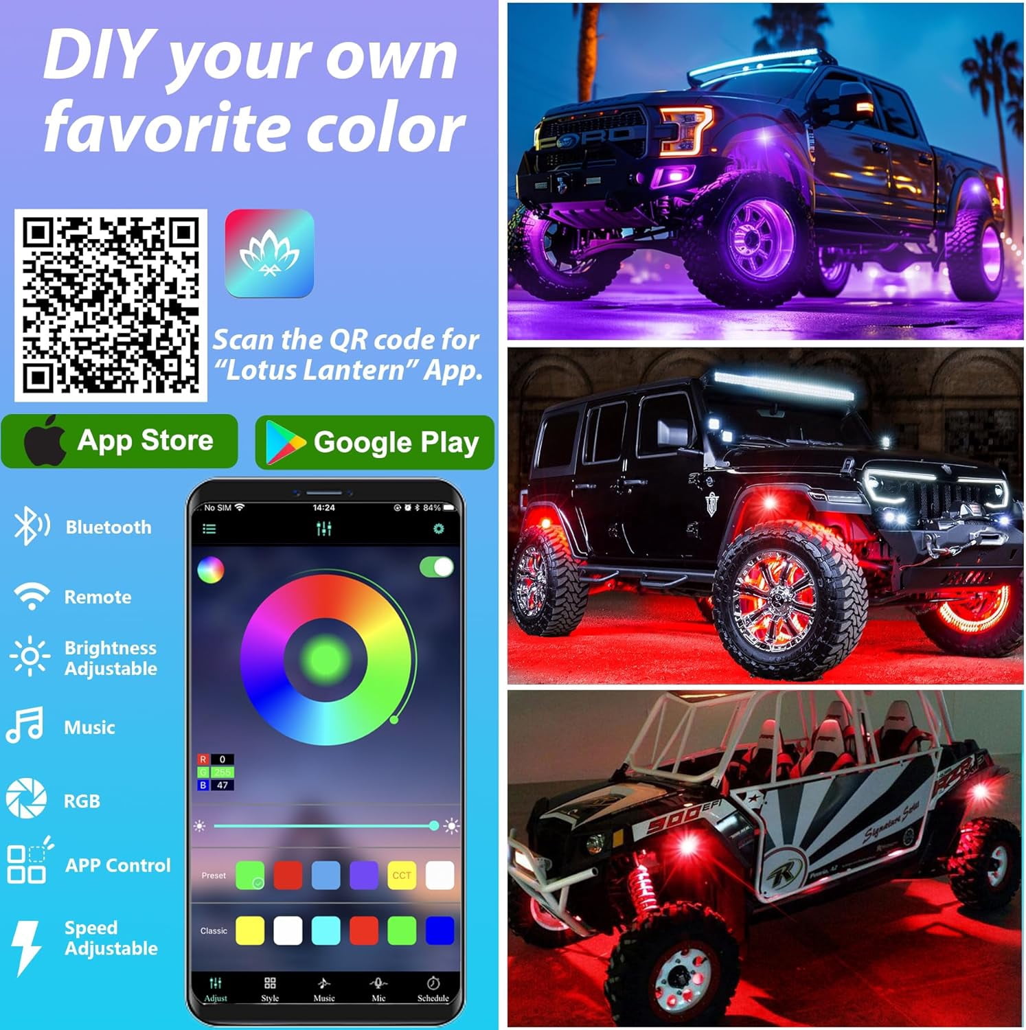 4 Pods RGB LED Rock Lights, Underglow Multicolor Neon Light Kit, Wheel Well Light with APP Control & Music Mode, Under Glow Lights for Trucks,Jeep,SUV,Golf Cart,ATV,Pickup Off Road,12V