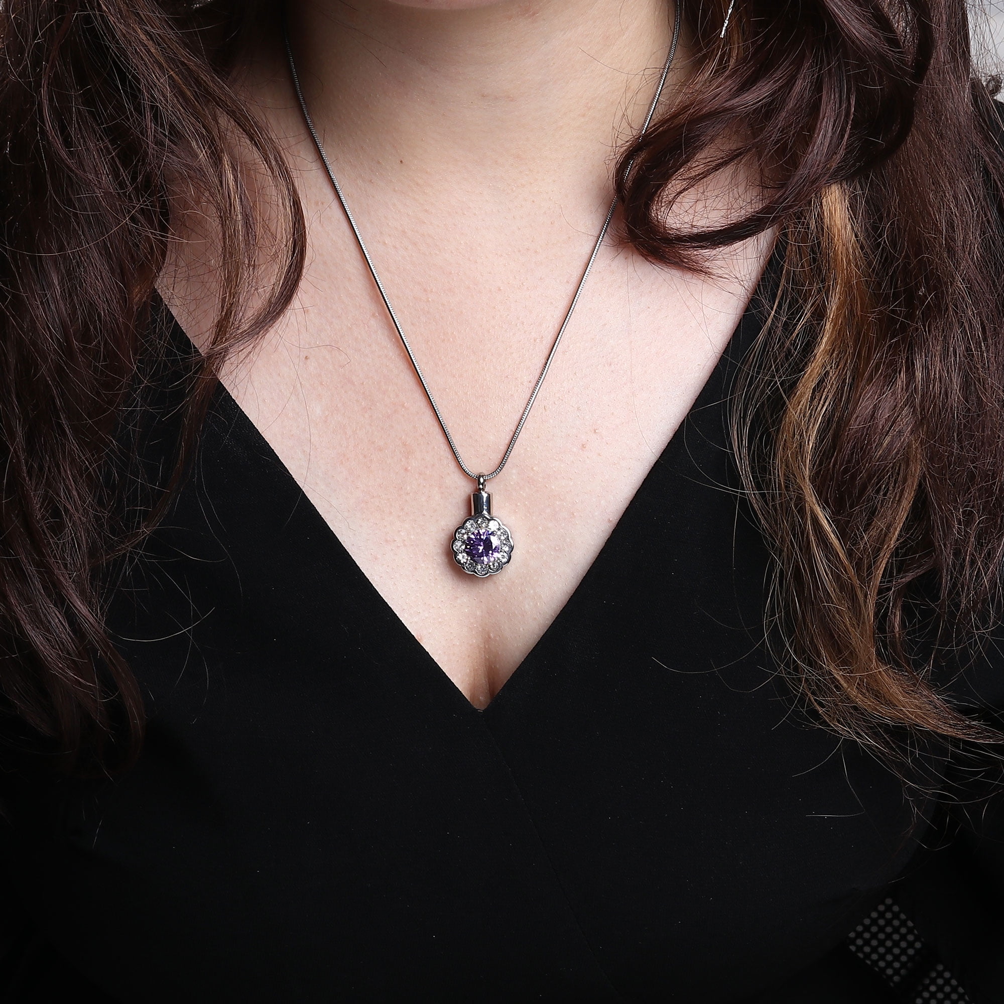 Round Purple Beautiful Crystal Rhinestone Flower Cremation Urn Necklace for Ashes Stainless Steel Memorial Pendant Keepsake Jewelry with Free Funnel Kit and Velvet Jewelry Box