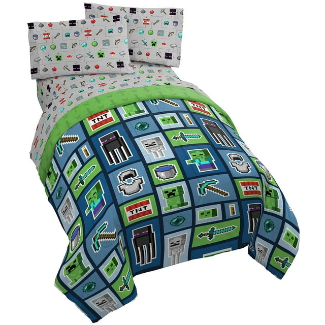 Jay Franco Minecraft Chasseurs de Monstres Ensemble de Lit Simple 4 Pcs - Comprend une Couette Réversible et un Ensemble de Draps - la Literie Présente Creeper - Microfibre Super Douce Résistante à la Décoloration (Produit Minecraft Officiel)