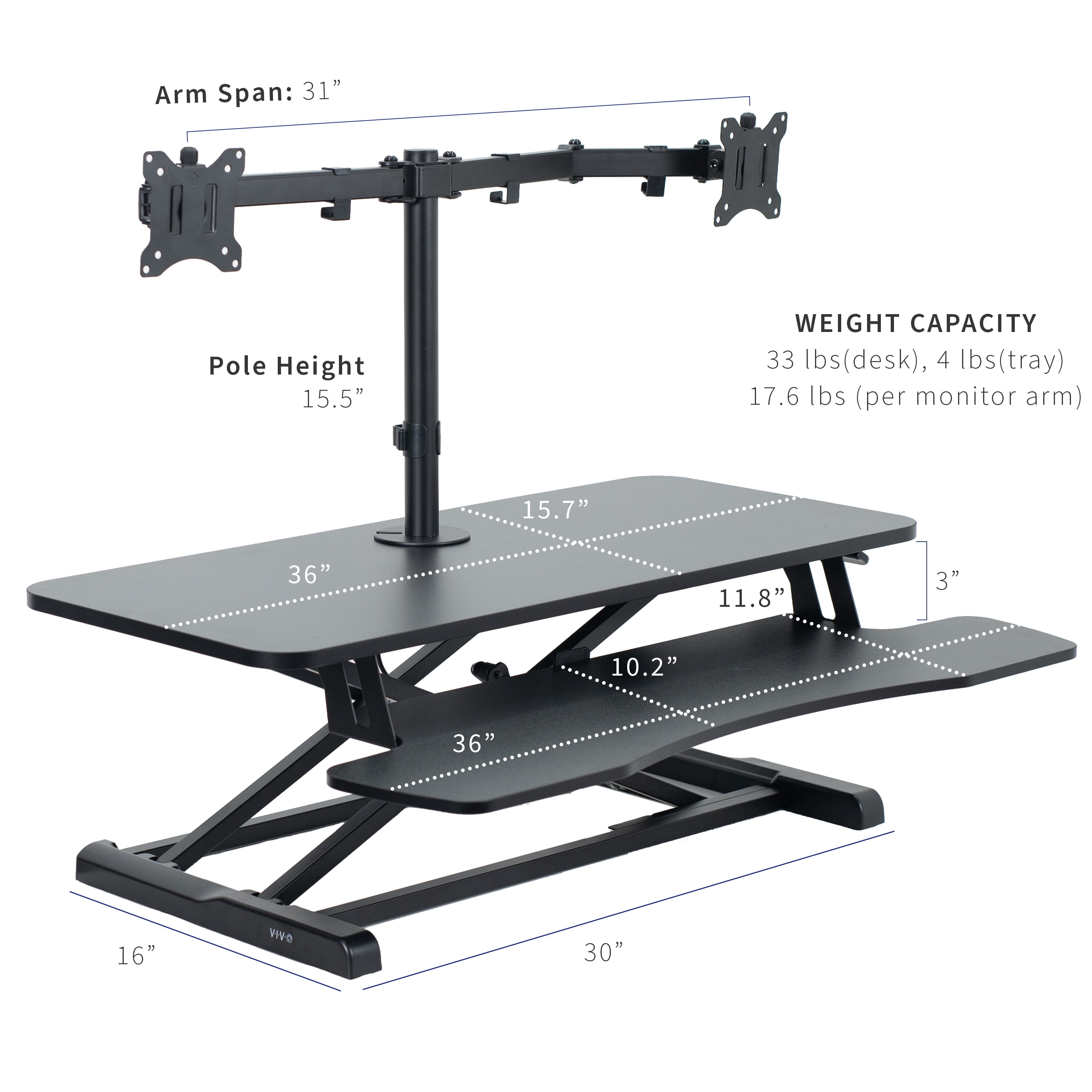 VIVO Black 36" Standing Desk Riser with Adjustable Dual 13" to 30" Monitor Mount
