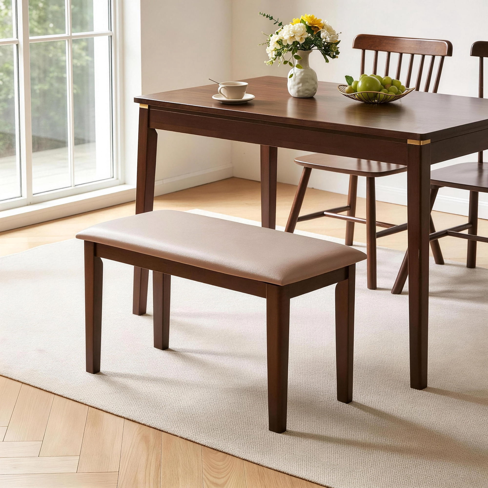 Solid Wood Frame Bench with Soft Breathable Tech Fabric Cushion, Heavy Duty Farmhouse Upholstered Stool, Multi-use Furniture for Dining Room, Entryway, Bedroom, Living Room and Apartment