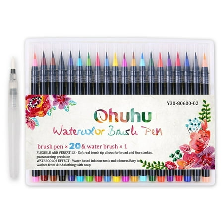 Ohuhu 20 Colors Watercolor Brush Marker Pens W/ A Water Coloring Brush, Soft Flexible Tip for Adult Coloring Books, Manga, Comic,